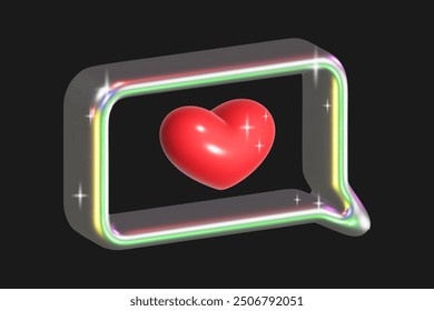 3D speech bubble with liquid metal texture. Metal chrome frame with red heart, like, review, social networks.