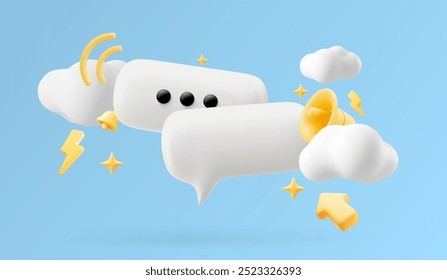 3D Speech bubble with Megaphone message and bell notification. News and loudspeaker. Social media promotion and announce. Marketing concept. . 3D Rendering. Vector illustration