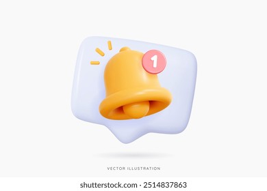 3D Speech bubble message with bell and new notification. Social media reminder. Chat notice. Subscribe to newsletter. Realistic design emoji icon isolated on white. 3D Vector illustration