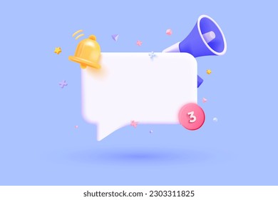 3D Speech bubble message with Megaphone and Bell notification. Subscribe and newsletter concept. Banner template with empty copy space for promotion. Blank Mockup. Reminder popup. 3D Vector