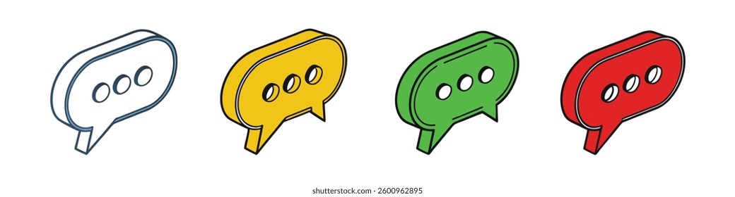3D Speech bubble messages icon set in different colors. Online chatting in social media. Chat box with comment. Talk and dialogue. Cartoon design icons isolated on white. 3D Vector illustration