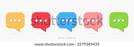 3D Speech bubble messages icon set in different colors. Online chatting in social media. Chat box with comment. Talk and dialogue. Cartoon design icons isolated on white. 3D Vector illustration