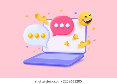 3D speech bubble with notebook for photo gallery platform, online social conversation comment concept, emoji message, speech icons. 3d Vector illustration