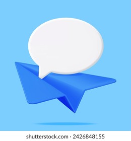 3D Speech Bubble in Paper Plane Isolated. Render Notification Bubble and Airplane. New or Unread Email. Message, Contact, Letter and Document. Social Media and Online Messaging. Vector Illustration