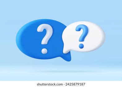 3d Speech bubble with question mark icon. FAQ, support, help concept. Have a question, question answer sign or problem. 3d rendering. Vector illustration