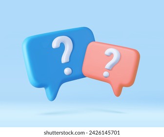 3d Speech bubble with question mark icon. FAQ, support, help concept. Have a question, question answer sign or problem. 3d rendering. Vector illustration