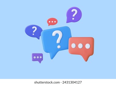 3d Speech bubble with question mark icon. Message box with question sign. FAQ symbol concept. 3d rendering. Vector illustration