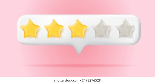 Burbuja de voz 3d con calificación de tres estrellas para el mejor Comentarios de servicios excelentes, calificación de 3 estrellas para el concepto de calificación de Cliente de calidad del empleado del cliente, revisión del producto. Renderizado de Vector 3D 5 estrellas