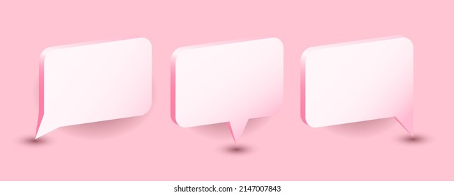 3d Speech Bubble. Realistic chat icon set, communication balloon, pink rectangle elements with shadows, chatting and talking and discussion, empty message with copy space, vector isolated set