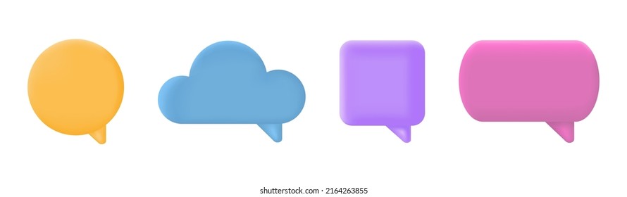 3d speech bubble set. Chat message icon. Color text box. Social media banner. Comment square balloon. Dialog frame. Speak tag. Cloud quite sign. Business communication. Talk idea. Vector illustration.