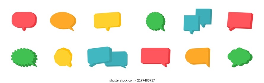 3d speech bubble set. Comment color geometric balloon. Chat message icon. Social media banner. Dialog frame. Speak tag. Cloud quite sign. Business communication. Talk idea. Vector illustration.