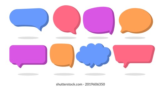 3d Speech Bubble Shapes Set. Round, square, rectangular and cloud stickers for inserting text. Colorful templates for websites, applications and social networks. Design element. Flat vector collection