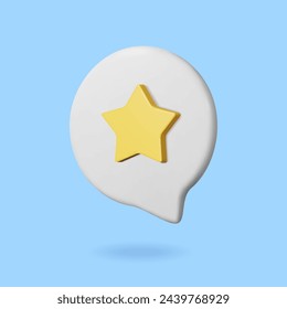 3D-Sprechblase mit Stern. Realistisches 3D-Rendering-Symbol Kundenfeedback, Überprüfung, Bewertungskonzept. Vektorgrafik.