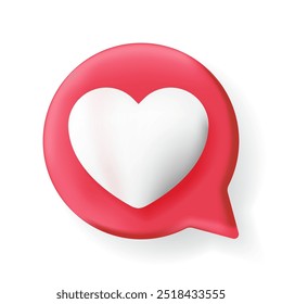 3d Speech bubble with white Heart icon, Red Chat message notification alert , love social media notification popup. Realistic 3d design vector render concept