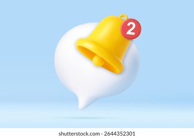 balão de fala 3d com sino de toque amarelo sobre a notificação de uma chamada e sms e para lembrete de mídia social. renderização 3d. Ilustração vetorial