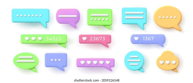 3d speech bubbles for chat messages and like button. Balloon with social network hearts rating. Conversation notification frame vector set. Dialog, comments windows of different shapes