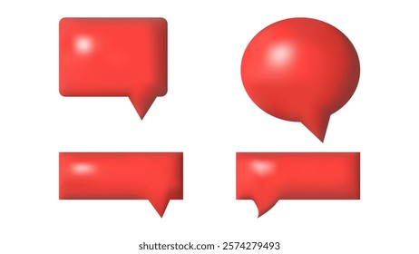 3D speech bubbles different shapes message icon. Red square and round. For social media advertising posters. Vector isolated set.