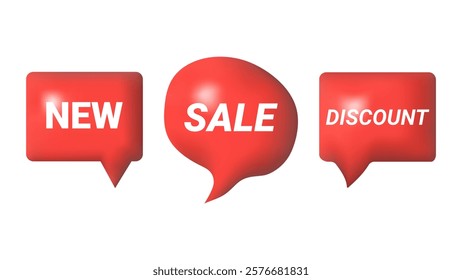 3D speech bubbles different shapes message icon. Text new sale discount. For social media advertising posters. Vector isolated set.