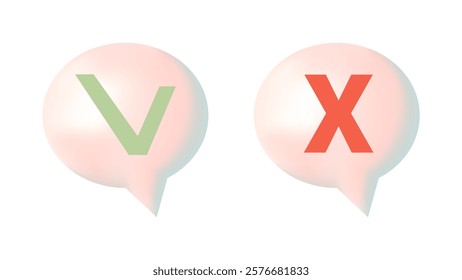 3D speech bubbles different shapes message icon. Green jackdaw and red cross. For social media advertising posters. Vector isolated set.