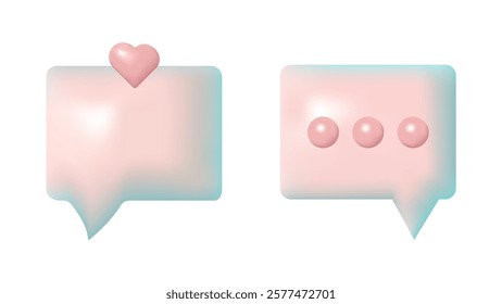 3D speech bubbles different shapes message icon. Heart and dots. For social media advertising posters. Vector isolated set.