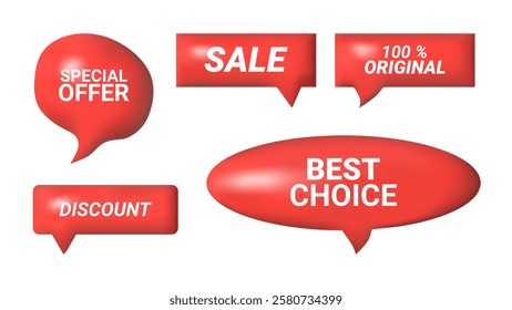 3D speech bubbles different shapes message icon. Circle and rectangle with Text. For social media advertising posters. Vector isolated set.