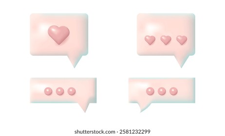 3D speech bubbles different shapes message icon. Soft pink color For social media advertising posters. Vector isolated set.