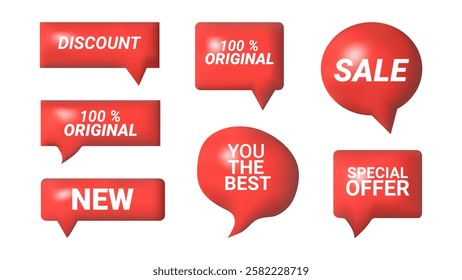 3D speech bubbles different shapes message icon. Text new sale discount special offer you are the best 100 percent original. For social media advertising posters. Vector isolated set.