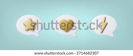 3D speech bubbles with lightning bolts and golden stars, heart. Glossy chat icons for messaging apps, social media notifications, and modern communication design.