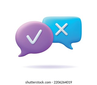 3d burbujas de habla con marcas, verificación de negocios. Cancelados y signos de confirmación. Hacer y no, responder a encuestas o retroalimentación, concepto vectorial pito