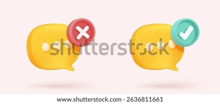 3D speech bubbles with notice symbol signs icon on social media. Chat dialogue bubble or user reply sign for important feedback in reminder. 3d speech announce icon vector render illustration