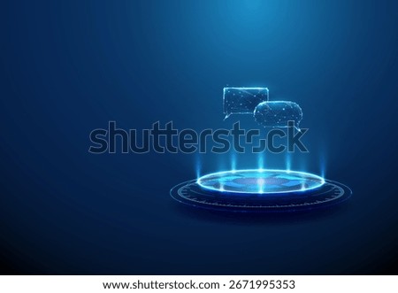 3d speech bubbles on futuristic podium. Communication, messaging, discussion, interaction, information exchange, collaboration, brainstorming, online chat concept. Low poly wireframe style. Vector.