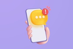 3D Speech Bubbles On Mobile Phone With Alert Notice. Comment 3d Or User Reply Sign False, Correct, Problem, Fail Chat Message On Social Media. 3d Alert Icon Vector With Shadow Render Illustration
