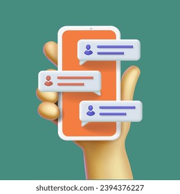 Burbujas de voz 3D en el teléfono móvil. Mano sujete el smartphone con burbujas de voz que hablan. Comentarios de mensajero móvil. Icono de vector