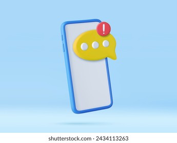 3D speech bubbles on mobile phone with alert notice. user reply sign false, correct, problem, fail chat message on social media. 3d rendering. Vector illustration