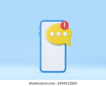 3D speech bubbles on mobile phone with alert notice. user reply sign false, correct, problem, fail chat message on social media. 3d rendering. Vector illustration