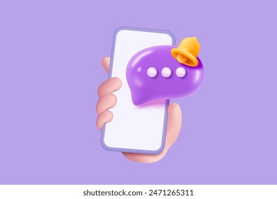 3D speech bubbles on mobile phone with alert notice. Comment 3d or user reply sign, reminder chat message push on social media. 3d speech icon vector with shadow render illustration