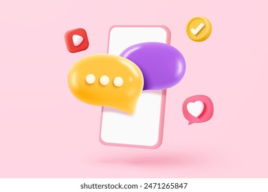 3D speech bubbles on mobile phone with alert notice. Comment 3d or user reply sign, reminder chat message push on social media. 3d speech icon vector with shadow render illustration