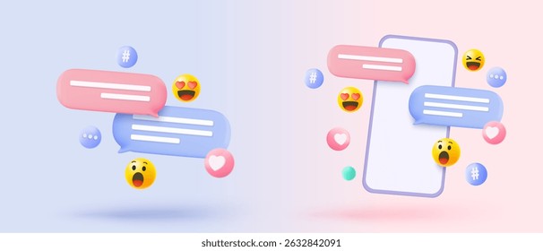 Balões de fala 3D no celular com aviso de alerta. Comentário 3d ou sinal de resposta do usuário, lembrete mensagem de bate-papo empurrar nas mídias sociais. vetor de ícone de fala 3d com ilustração de renderização de sombra