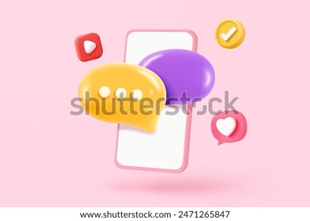 3D speech bubbles on mobile phone with alert notice. Comment 3d or user reply sign, reminder chat message push on social media. 3d speech icon vector with shadow render illustration