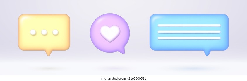 3d speech bubbles set, realistic chat dialogue quotes, social media communication elements isolated on gray background. Vector illustration.