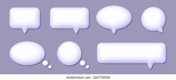 3d speech bubbles set, realistic white chat dialogue quotes, social media communication elements isolated on gray background. Vector illustration.