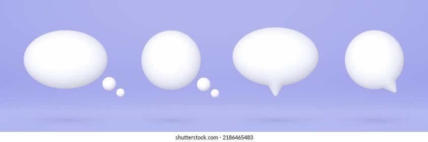 3d speech bubbles set, realistic white chat dialogue quotes, social media communication elements isolated on purple background. Vector illustration.