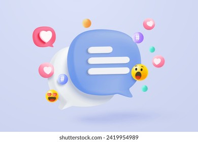 3D speech bubbles symbol on social media icon isolated on pastel background. 3d comments thread mention or chat reply sign with social media. 3d speech bubbles chat icon vector render illustration