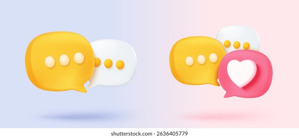 Símbolo de balões de fala 3D em ícone de mídia social isolado no fundo pastel. Bolha de diálogo de bate-papo ou sinal de resposta do usuário com as mídias sociais. ilustração de renderização de vetor de ícone de balão de fala 3d