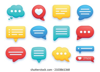 3d Speech Bubbles, Thinking Text Bubble, Chat And Like Icon. Social Media Communication, Realistic Texts Message Dialogue Balloon Vector Set. Notifications From Networking Sites, Comments And Rating