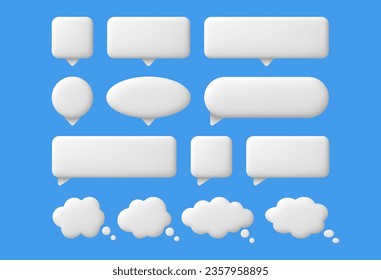 3d speech bubbles. White chat message text bubble, thinking and dialogue empty balloons. Thought comic clouds, online talking box isolated vector set. Social media communication notifications