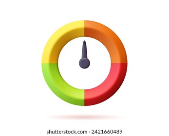 3D speed icon. Speedometer object with increasing value on white background isolated object. Time indicator for business infographics. Symbol of growth and loading. Vector illustration.