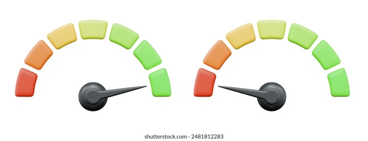 icono del velocímetro 3d. Estado de alta y baja velocidad. Escale la puntuación de velocidad, niveles, medidor, rendimiento del tacómetro y la clasificación. Ilustración vectorial de stock sobre fondo aislado.