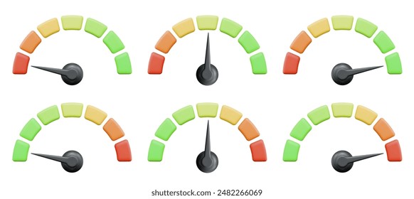 3d speedometer icon. High and low speed status. Scale score of speed, levels, meter, tachometer performance and rating. Stock vector illustration on isolated background.