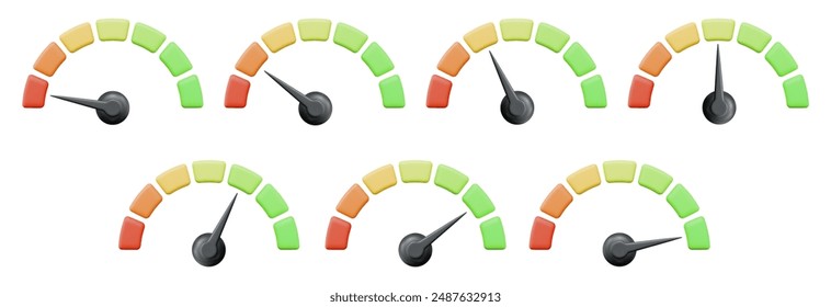 3d speedometer icon. High and low speed status. Scale score of speed, levels, meter, tachometer performance and rating. Stock vector illustration on isolated background.